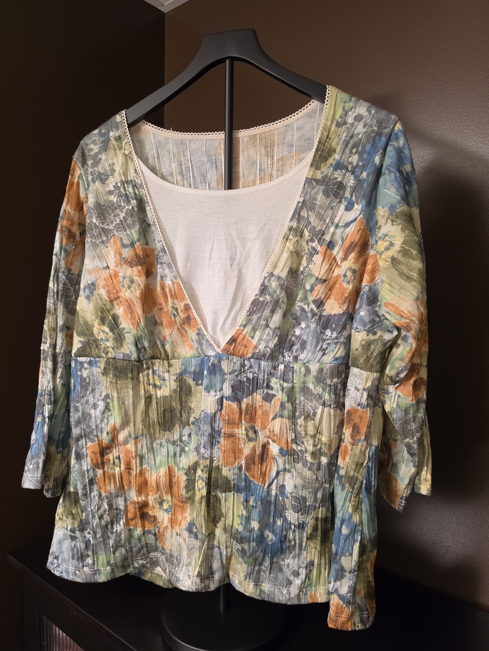 Floral V-Neck Peasant Top in Blue, Orange & Green - Plus Size